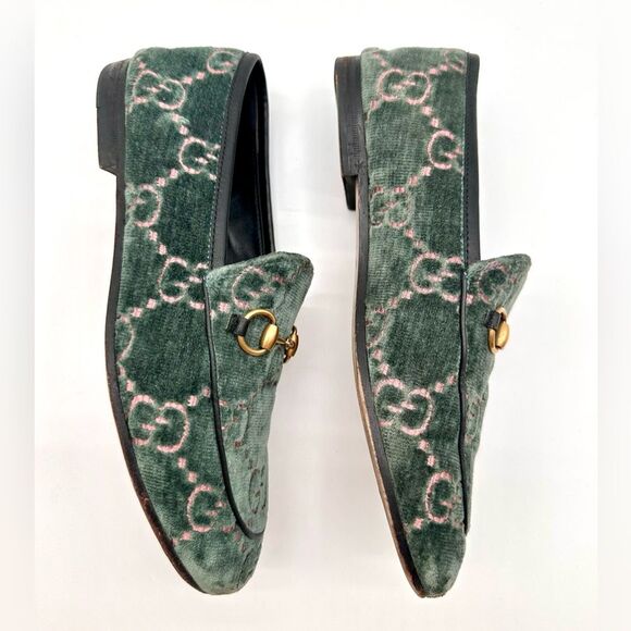 Gucci Jordaan GG Monogram Velvet Loafers Horsebit Flats Green & Pink EU 37 US 7 - Picture 5 of 11